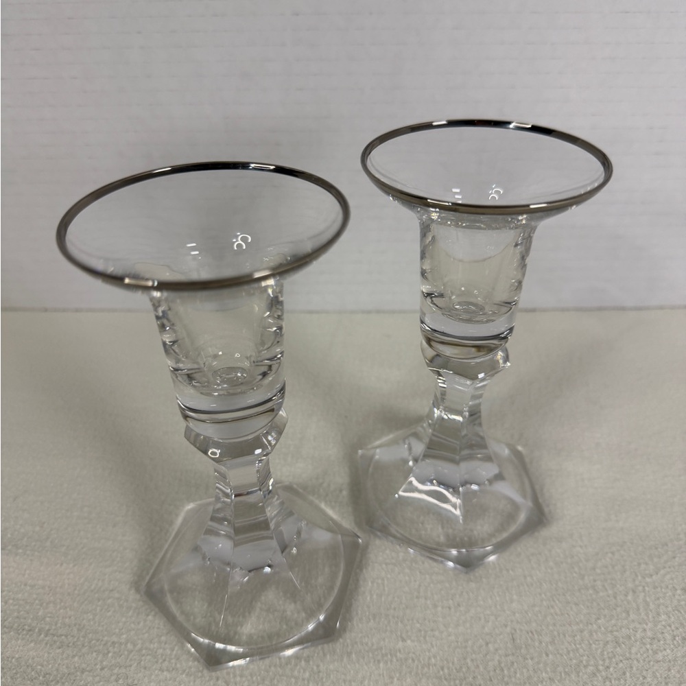 Vintage Crystal Candle Holders Set of 2 Smoked Rim Faceted Stem Votive
